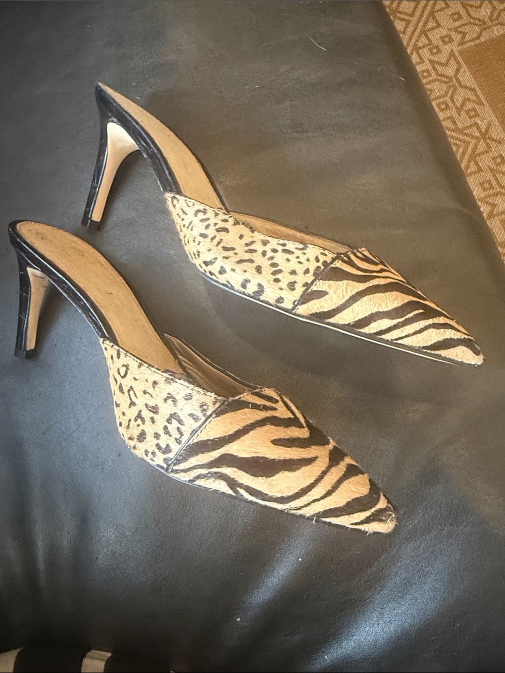 Sam Edelman Black Leather High Heel Pump with Leopard Print Accent